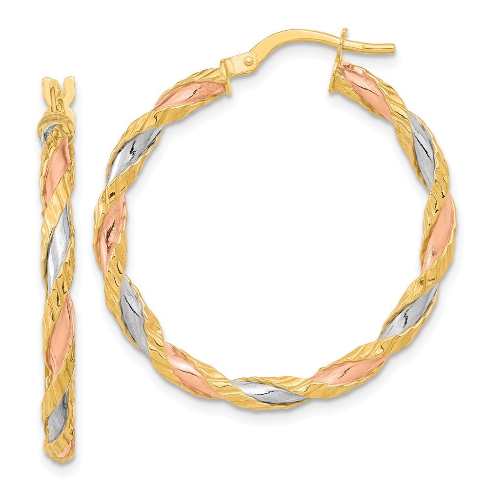 14k Yellow Gold W Rose & White Textured Twisted Hoop Earring 32.25 L X 30.25 Mm
